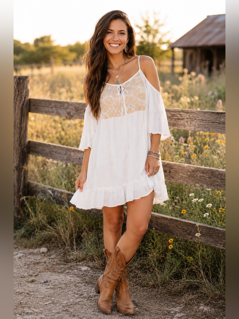ILLA ILLA White Boho Cold Shoulder Lace Trim Dress Size Small NWOT A24